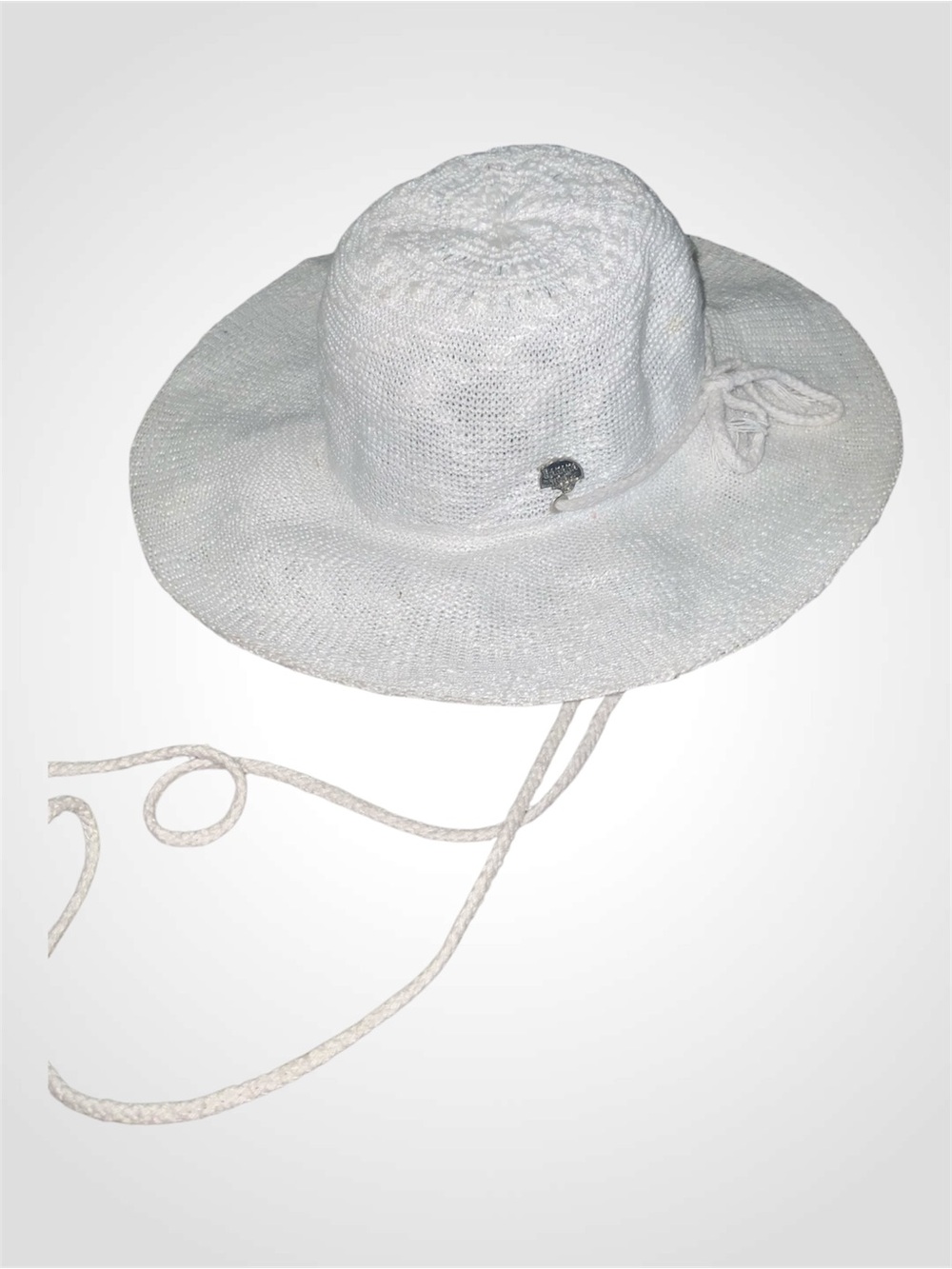 Banana Boat White Wide-Brim Braided Crochet Sun Hat with Chin Tie
